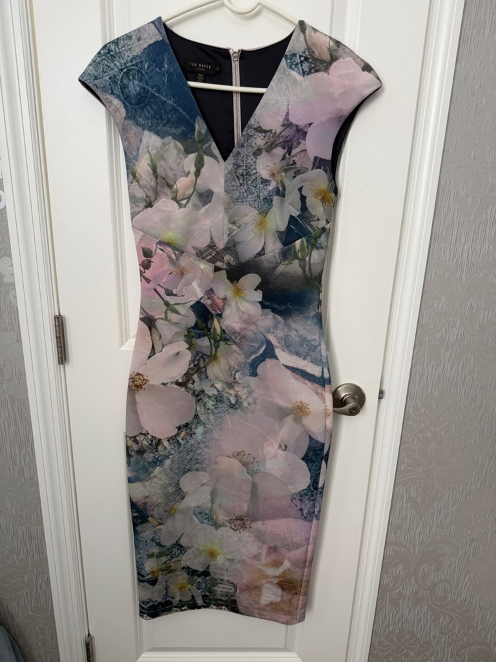 Ted Baker Floral Midi Sheath Dress in Pink and Blue. Size US 4